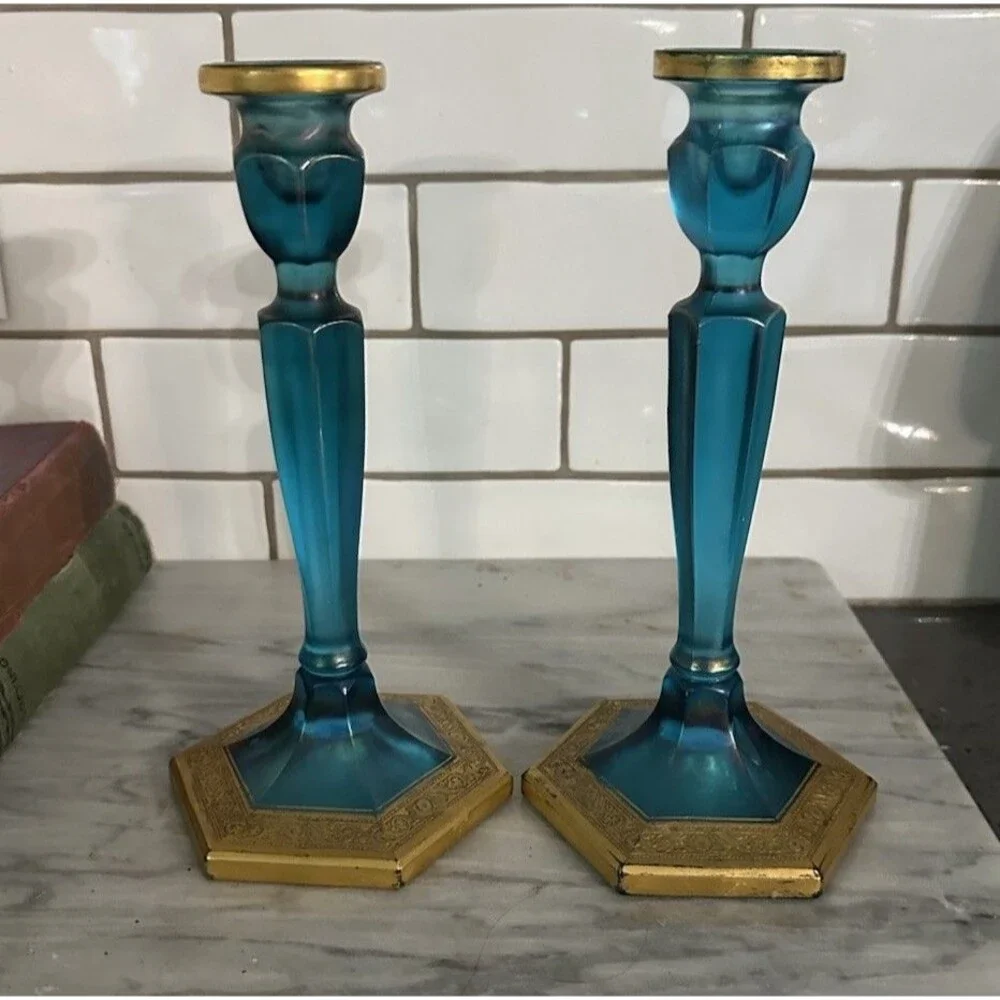 Pair of Vintage Fenton Celeste Blue & Gold Gilt Stretched 8.5 Inch Candlesticks